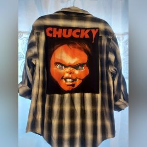 UPCYCLED HALLOWEEN STYLE BLUE/GRAY FLANNEL WITH CHUCKY SZ L